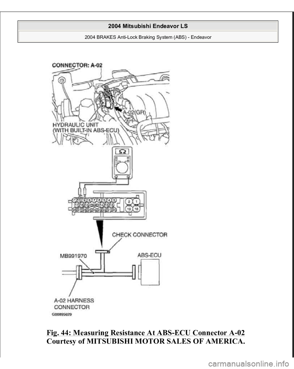 MITSUBISHI ENDEAVOR 2004  Service Manual PDF Fig. 44: Measuring Resistance At ABS
-ECU Connector A
-02 
Courtesy of MITSUBISHI MOTOR SALES OF AMERICA.
 
2004 Mitsubishi Endeavor LS 
2004 BRAKES Anti-Lock Braking System (ABS) - Endeavor
   