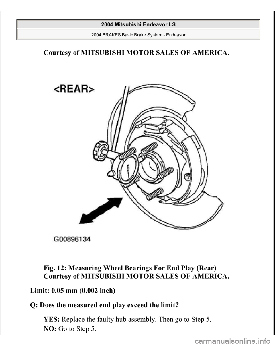 MITSUBISHI ENDEAVOR 2004  Service Repair Manual Courtesy of MITSUBISHI MOTOR SALES OF AMERICA
. 
Fig. 12: Measuring Wheel Bearings For End Play (Rear)
 
Courtesy of MITSUBISHI MOTOR SALES OF AMERICA. 
Limit: 0.05 mm (0.002 inch)  
Q: Does the measu