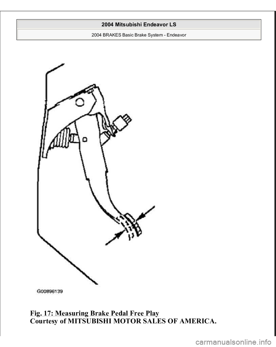 MITSUBISHI ENDEAVOR 2004  Service Repair Manual Fig. 17: Measuring Brake Pedal Free Play
 
Courtesy of MITSUBISHI MOTOR SALES OF AMERICA.
 
2004 Mitsubishi Endeavor LS 
2004 BRAKES Basic Brake System - Endeavor
   