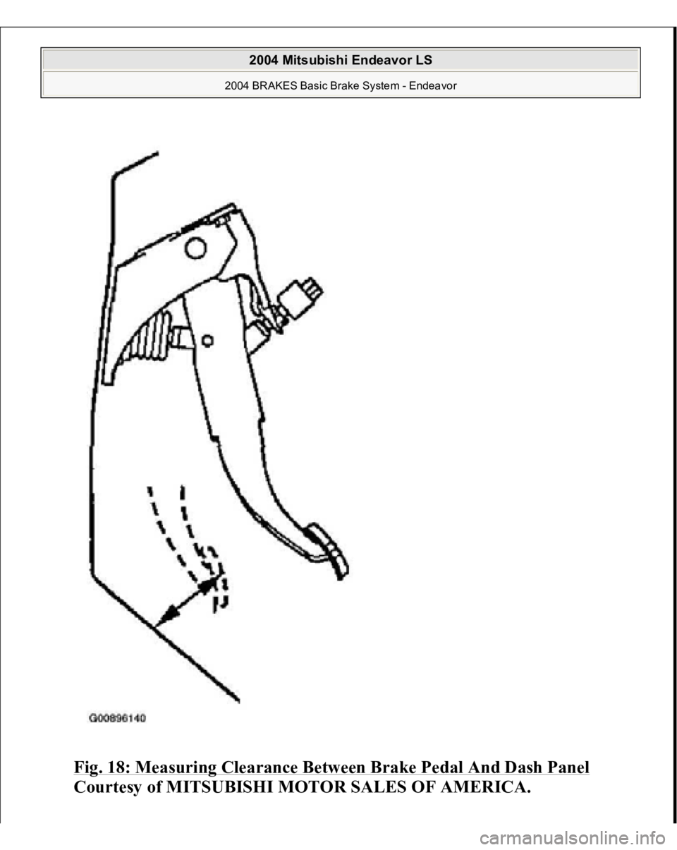 MITSUBISHI ENDEAVOR 2004  Service Repair Manual Fig. 18: Measuring Clearance Between Brake Pedal And Dash Panel
 
Courtesy of MITSUBISHI MOTOR SALES OF AMERICA.
 
2004 Mitsubishi Endeavor LS 
2004 BRAKES Basic Brake System - Endeavor
   