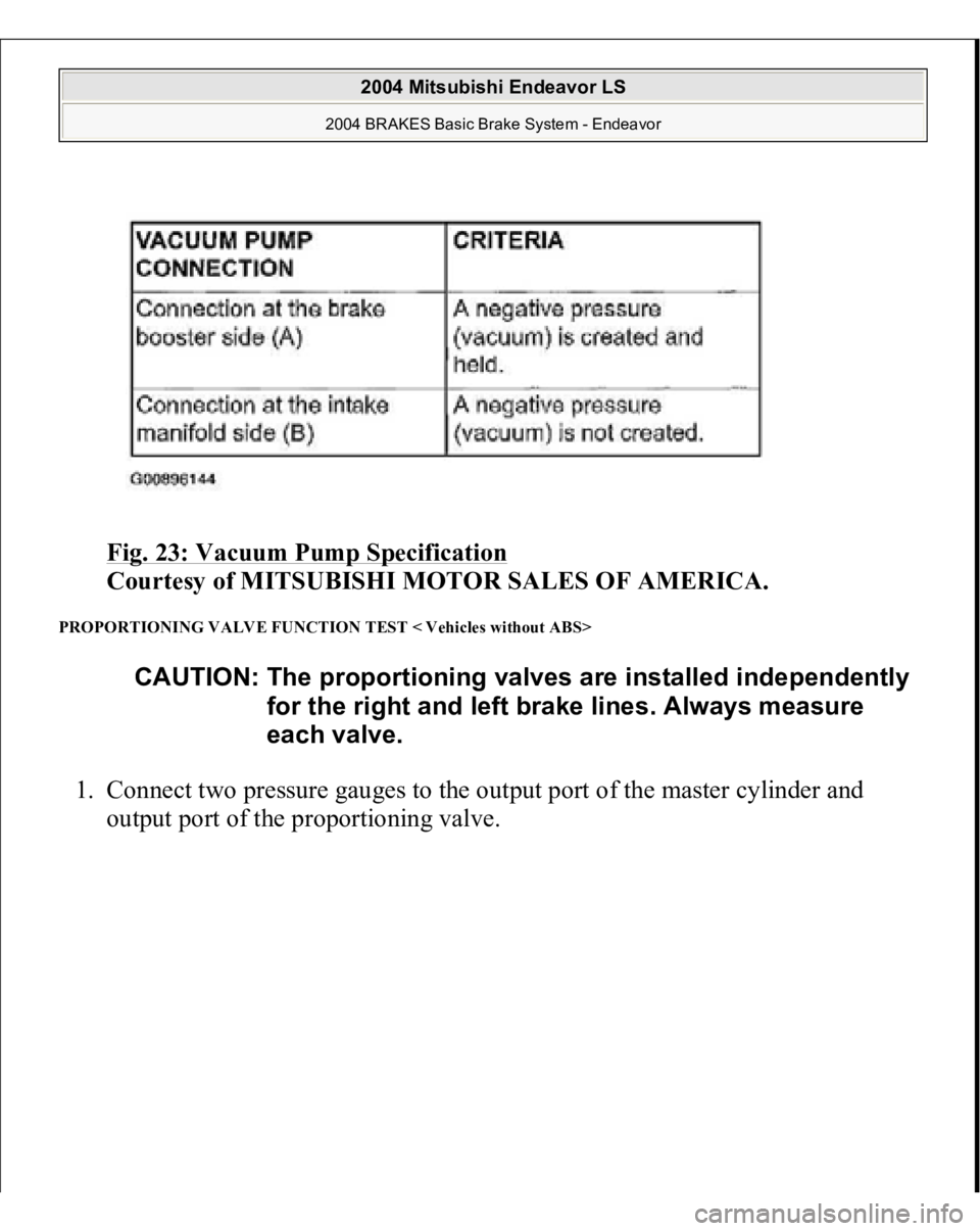 MITSUBISHI ENDEAVOR 2004  Service Repair Manual Fig. 23: Vacuum Pump Specification
 
Courtesy of MITSUBISHI MOTOR SALES OF AMERICA. 
PROPORTIONING VALVE FUNCTION TEST < Vehicles without ABS> 1. Connect two pressure gauges to the output port of the 