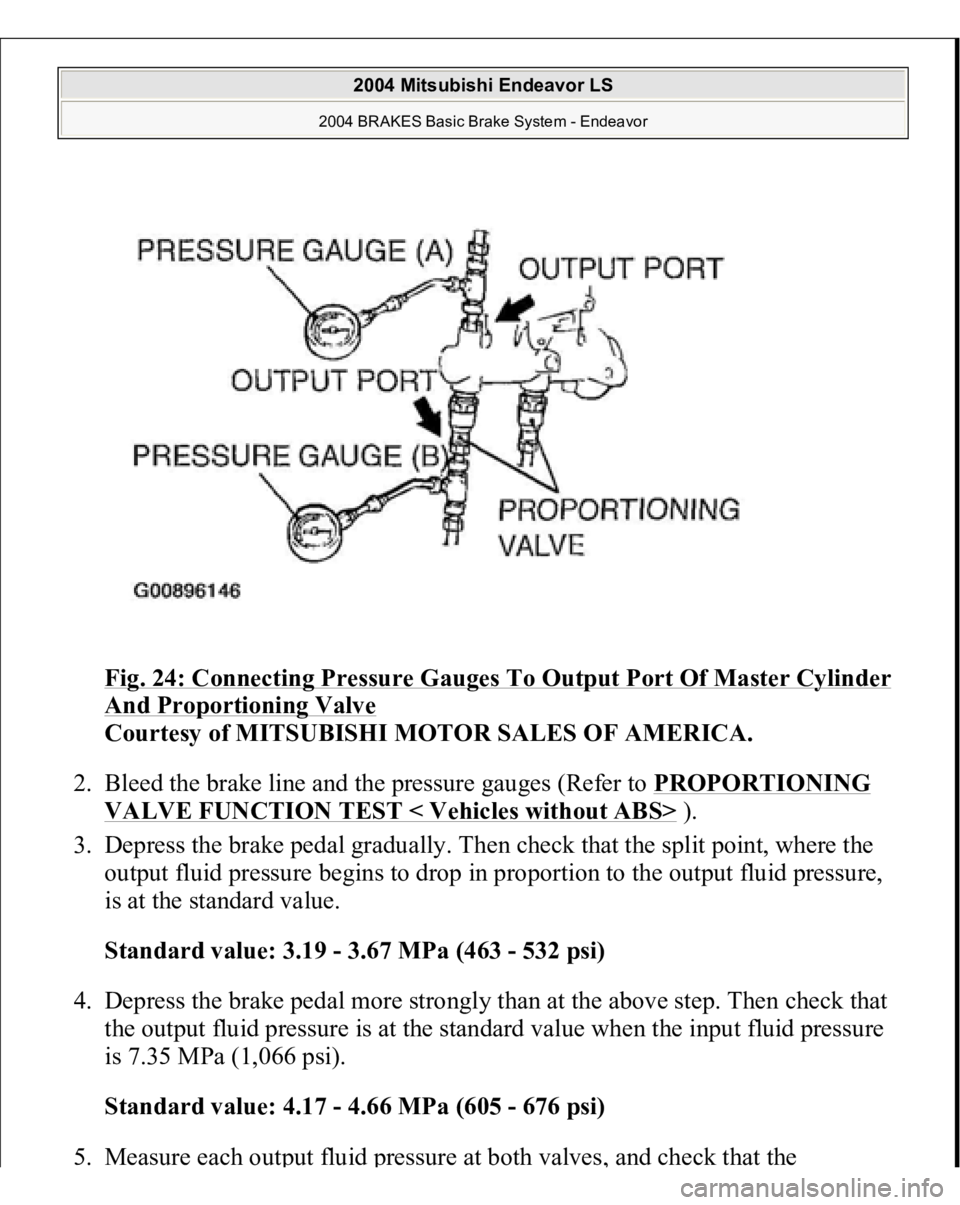 MITSUBISHI ENDEAVOR 2004  Service Repair Manual Fig. 24: Connecting Pressure Gauges To Output Port Of Master Cylinder And Proportioning Valve
 
Courtesy of MITSUBISHI MOTOR SALES OF AMERICA. 
2. Bleed the brake line and the pressure gauges (Refer t