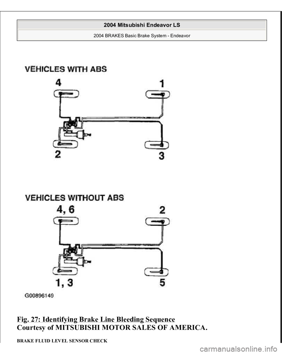 MITSUBISHI ENDEAVOR 2004  Service Repair Manual Fig. 27: Identifying Brake Line Bleeding Sequence
 
Courtesy of MITSUBISHI MOTOR SALES OF AMERICA. 
BRAKE FLUID LEVEL SENSOR CHECK  
2004 Mitsubishi Endeavor LS 
2004 BRAKES Basic Brake System - Endea