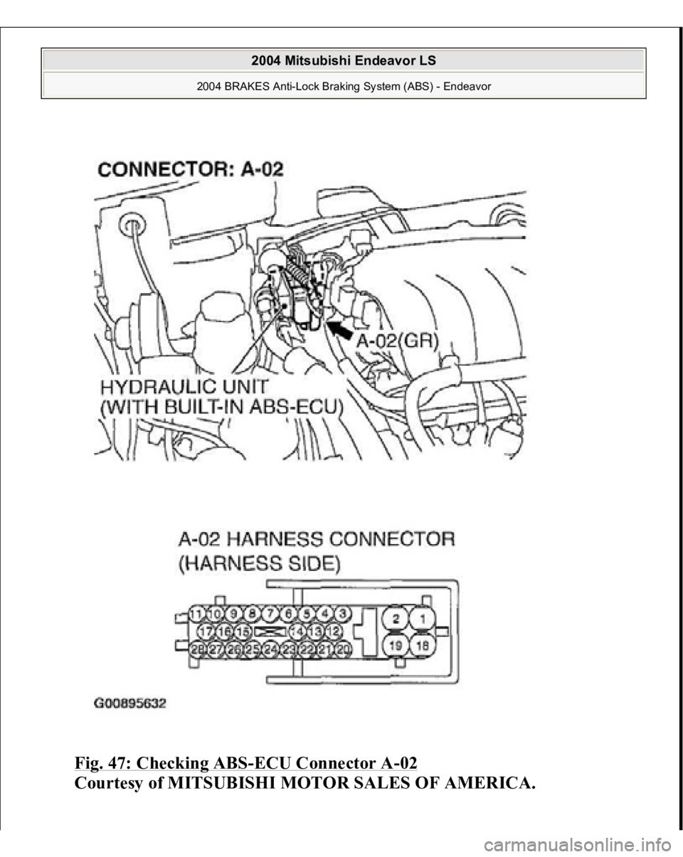 MITSUBISHI ENDEAVOR 2004  Service Manual PDF Fig. 47: Checking ABS
-ECU Connector A
-02 
Courtesy of MITSUBISHI MOTOR SALES OF AMERICA.
 
2004 Mitsubishi Endeavor LS 
2004 BRAKES Anti-Lock Braking System (ABS) - Endeavor
   