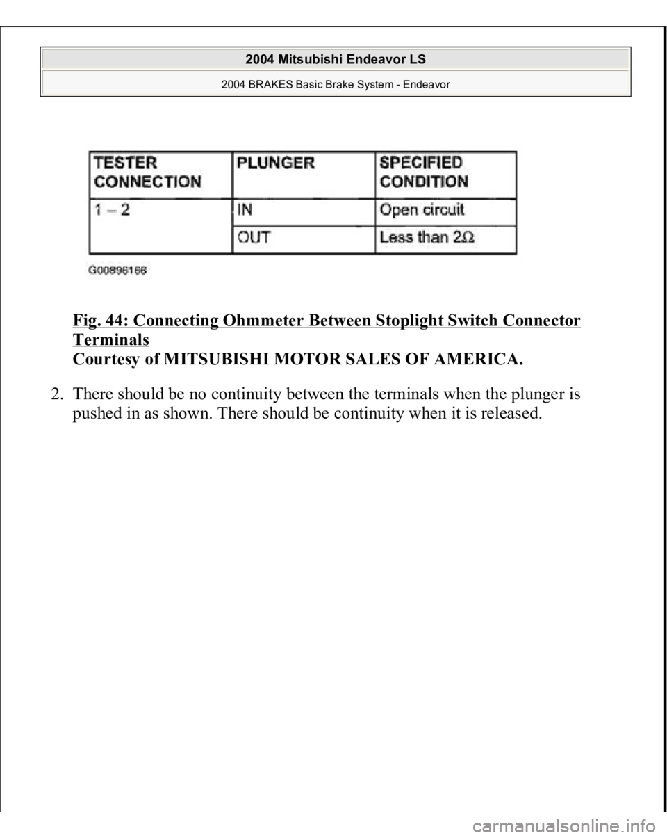 MITSUBISHI ENDEAVOR 2004  Service Repair Manual Fig. 44: Connecting Ohmmeter Between Stoplight Switch Connector Terminals
 
Courtesy of MITSUBISHI MOTOR SALES OF AMERICA. 
2. There should be no continuity between the terminals when the plunger is 
