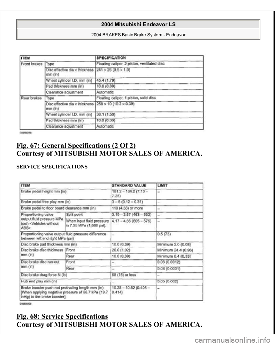MITSUBISHI ENDEAVOR 2004  Service Repair Manual Fig. 67: General Specifications (2 Of 2)
 
Courtesy of MITSUBISHI MOTOR SALES OF AMERICA. 
SERVICE SPECIFICATIONS Fig. 68: Service Specifications
 
Courtesy of MITSUBISHI MOTOR SALES OF AMERICA.
 
200