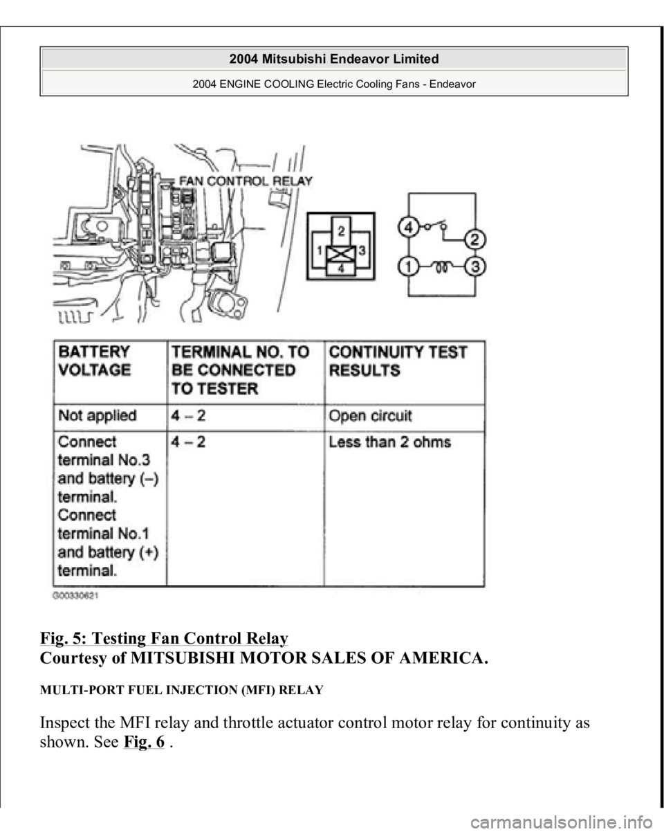MITSUBISHI ENDEAVOR 2004 Service Repair Manual Fig. 5: Testing Fan Control Relay
Courtesy of MITSUBISHI MOTOR SALES OF AMERICA.
MULTI-PORT FUEL INJECTION (MFI) RELAY Inspect the MFI relay and throttle actuator control motor relay for continuity MITSUBISHI ENDEAVOR 2004 Service Repair Manual Fig. 5: Testing Fan Control Relay
Courtesy of MITSUBISHI MOTOR SALES OF AMERICA.
MULTI-PORT FUEL INJECTION (MFI) RELAY Inspect the MFI relay and throttle actuator control motor relay for continuity