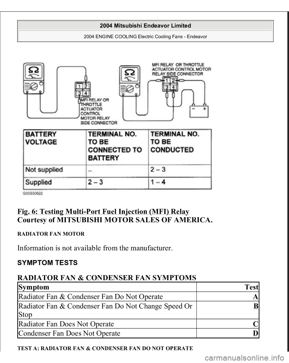 MITSUBISHI ENDEAVOR 2004 Service Repair Manual Fig. 6: Testing Multi
-Port Fuel Injection (MFI) Relay
Courtesy of MITSUBISHI MOTOR SALES OF AMERICA.
RADIATOR FAN MOTOR Information is not available from the manufacturer. SYMPTOM TESTS RADIATOR F MITSUBISHI ENDEAVOR 2004 Service Repair Manual Fig. 6: Testing Multi
-Port Fuel Injection (MFI) Relay
Courtesy of MITSUBISHI MOTOR SALES OF AMERICA.
RADIATOR FAN MOTOR Information is not available from the manufacturer. SYMPTOM TESTS RADIATOR F