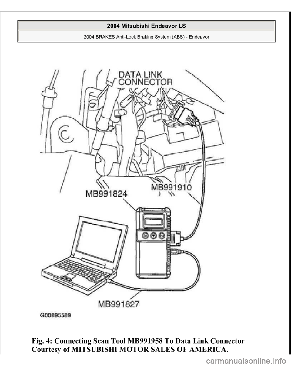 MITSUBISHI ENDEAVOR 2004  Service Repair Manual Fig. 4: Connecting Scan Tool MB991958 To Data Link Connector
 
Courtesy of MITSUBISHI MOTOR SALES OF AMERICA.
 
2004 Mitsubishi Endeavor LS 
2004 BRAKES Anti-Lock Braking System (ABS) - Endeavor
   