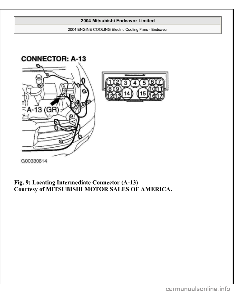 MITSUBISHI ENDEAVOR 2004  Service Repair Manual Fig. 9: Locating Intermediate Connector (A
-13)
 
Courtesy of MITSUBISHI MOTOR SALES OF AMERICA.
 
2004 Mitsubishi Endeavor Limited 
2004 ENGINE COOLING Electric Cooling Fans - Endeavor
   