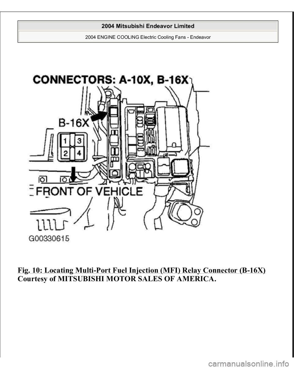 MITSUBISHI ENDEAVOR 2004  Service Repair Manual Fig. 10: Locating Multi
-Port Fuel Injection (MFI) Relay Connector (B
-16X)
 
Courtesy of MITSUBISHI MOTOR SALES OF AMERICA.
 
2004 Mitsubishi Endeavor Limited 
2004 ENGINE COOLING Electric Cooling Fa