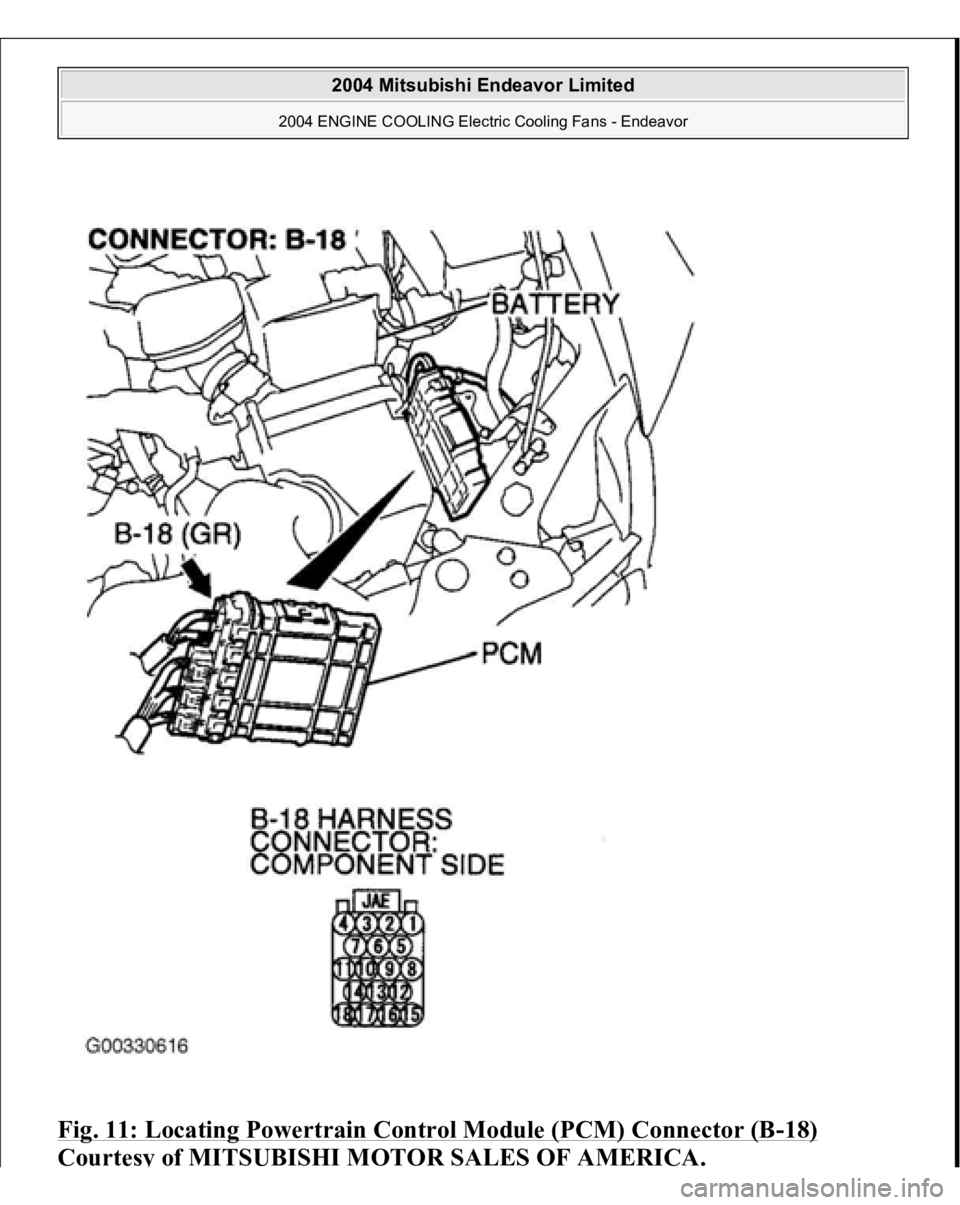 MITSUBISHI ENDEAVOR 2004  Service Repair Manual Fig. 11: Locating Powertrain Control Module (PCM) Connector (B
-18)
 
Courtes
y of MITSUBISHI MOTOR SALES OF AMERICA
.
 
2004 Mitsubishi Endeavor Limited 
2004 ENGINE COOLING Electric Cooling Fans - E