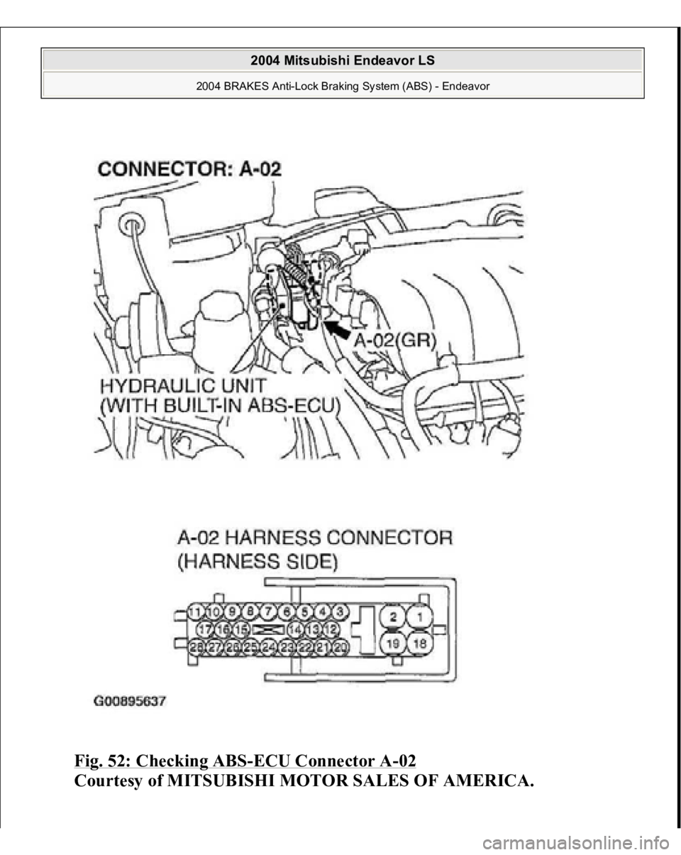 MITSUBISHI ENDEAVOR 2004  Service Manual Online Fig. 52: Checking ABS
-ECU Connector A
-02 
Courtesy of MITSUBISHI MOTOR SALES OF AMERICA.
 
2004 Mitsubishi Endeavor LS 
2004 BRAKES Anti-Lock Braking System (ABS) - Endeavor
   