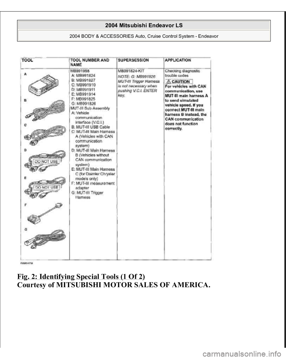 MITSUBISHI ENDEAVOR 2004  Service Repair Manual Fig. 2: Identifying Special Tools (1 Of 2)
 
Courtesy of MITSUBISHI MOTOR SALES OF AMERICA.
 
2004 Mitsubishi Endeavor LS 
2004 BODY & ACCESSORIES Auto, Cruise Control System - Endeavor
   
