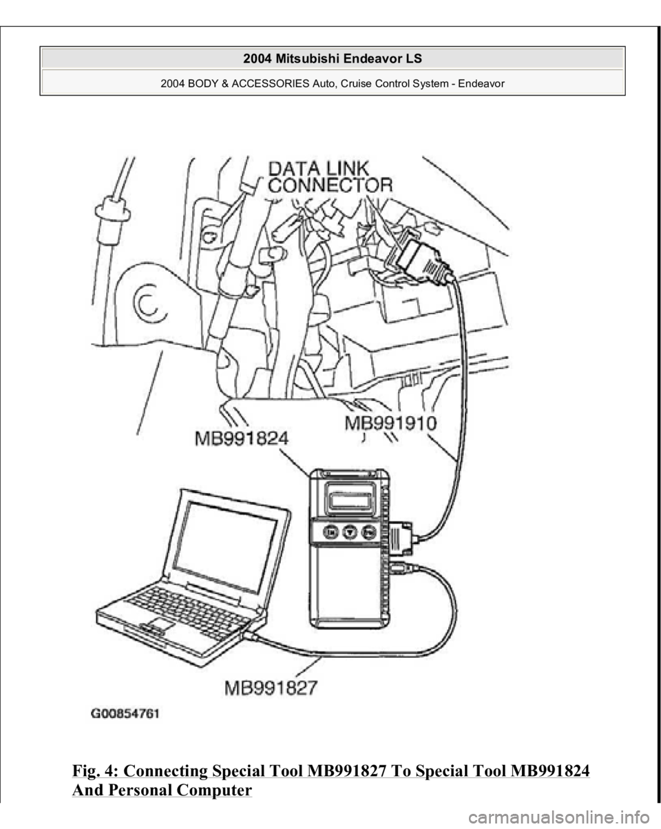 MITSUBISHI ENDEAVOR 2004  Service Repair Manual Fig. 4: Connecting Special Tool MB991827 To Special Tool MB991824 And Personal Computer
 
2004 Mitsubishi Endeavor LS 
2004 BODY & ACCESSORIES Auto, Cruise Control System - Endeavor
   