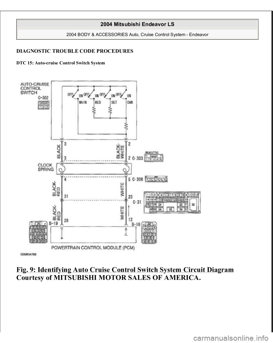 MITSUBISHI ENDEAVOR 2004  Service Repair Manual DIAGNOSTIC TROUBLE CODE PROCEDURESDTC 15: Auto-cruise Control Switch System Fig. 9: Identifying Auto Cruise Control Switch System Circuit Diagram
 
Courtesy of MITSUBISHI MOTOR SALES OF AMERICA.
 
200