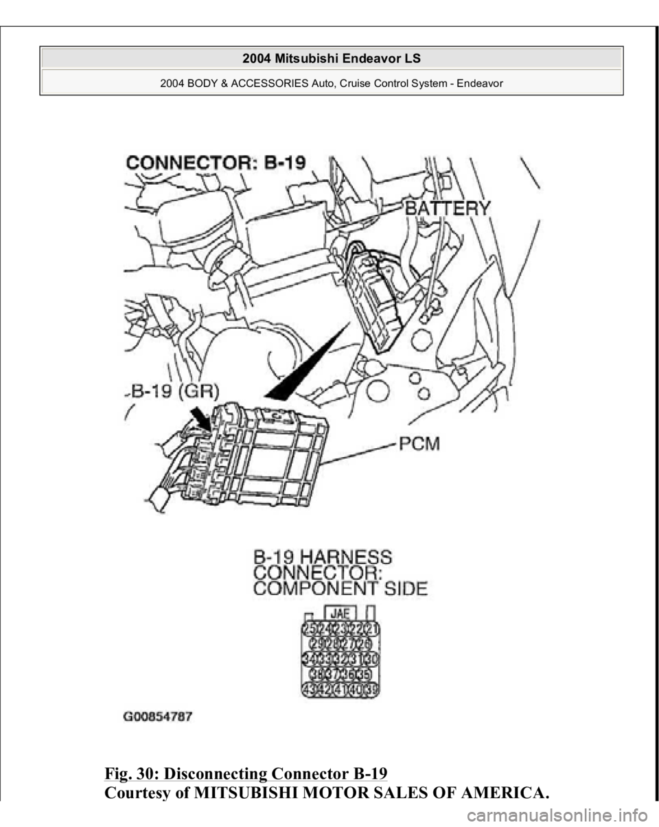MITSUBISHI ENDEAVOR 2004  Service Repair Manual Fig. 30: Disconnecting Connector B
-19 
Courtes
y of MITSUBISHI MOTOR SALES OF AMERICA
.
 
2004 Mitsubishi Endeavor LS 
2004 BODY & ACCESSORIES Auto, Cruise Control System - Endeavor
   