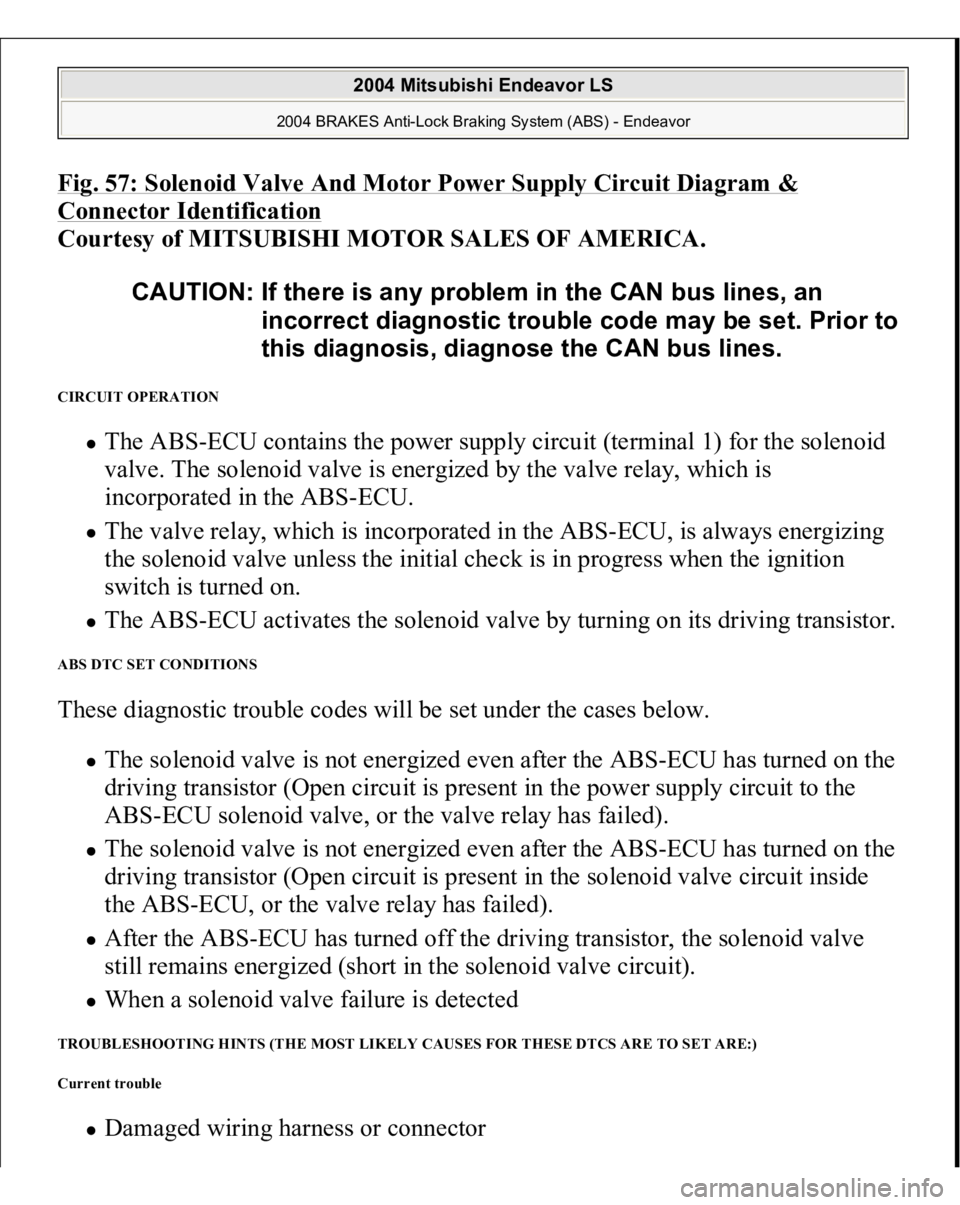 MITSUBISHI ENDEAVOR 2004  Service Manual Online Fig. 57: Solenoid Valve And Motor Power Supply Circuit Diagram & Connector Identification
 
Courtesy of MITSUBISHI MOTOR SALES OF AMERICA. 
CIRCUIT OPERATION 
The ABS-ECU contains the power supply cir