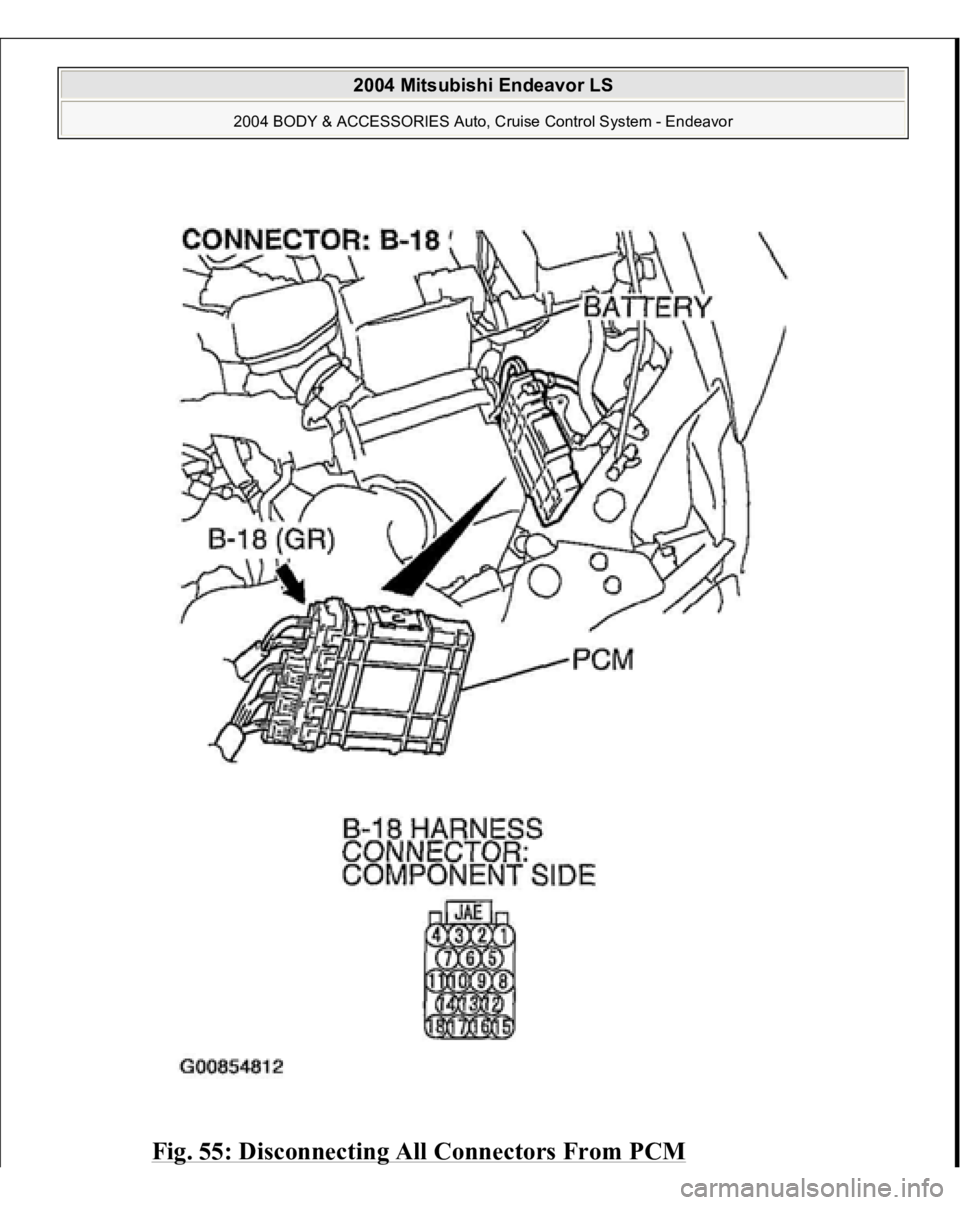 MITSUBISHI ENDEAVOR 2004  Service Repair Manual Fig. 55: Disconnecting All Connectors From PCM
 
2004 Mitsubishi Endeavor LS 
2004 BODY & ACCESSORIES Auto, Cruise Control System - Endeavor
   
