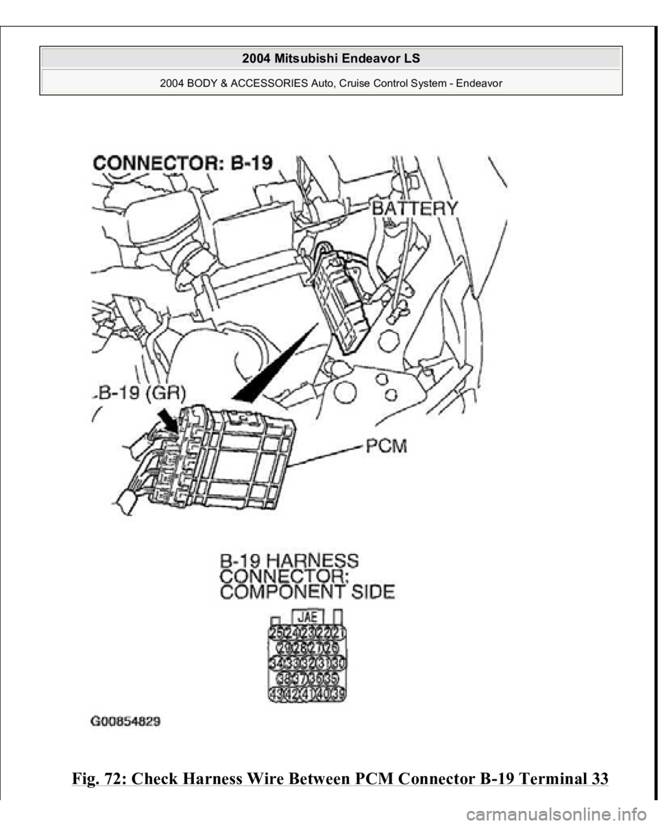 MITSUBISHI ENDEAVOR 2004  Service Repair Manual Fig. 72: Check Harness Wire Between PCM Connector B
-19 Terminal 33
 
2004 Mitsubishi Endeavor LS 
2004 BODY & ACCESSORIES Auto, Cruise Control System - Endeavor
   