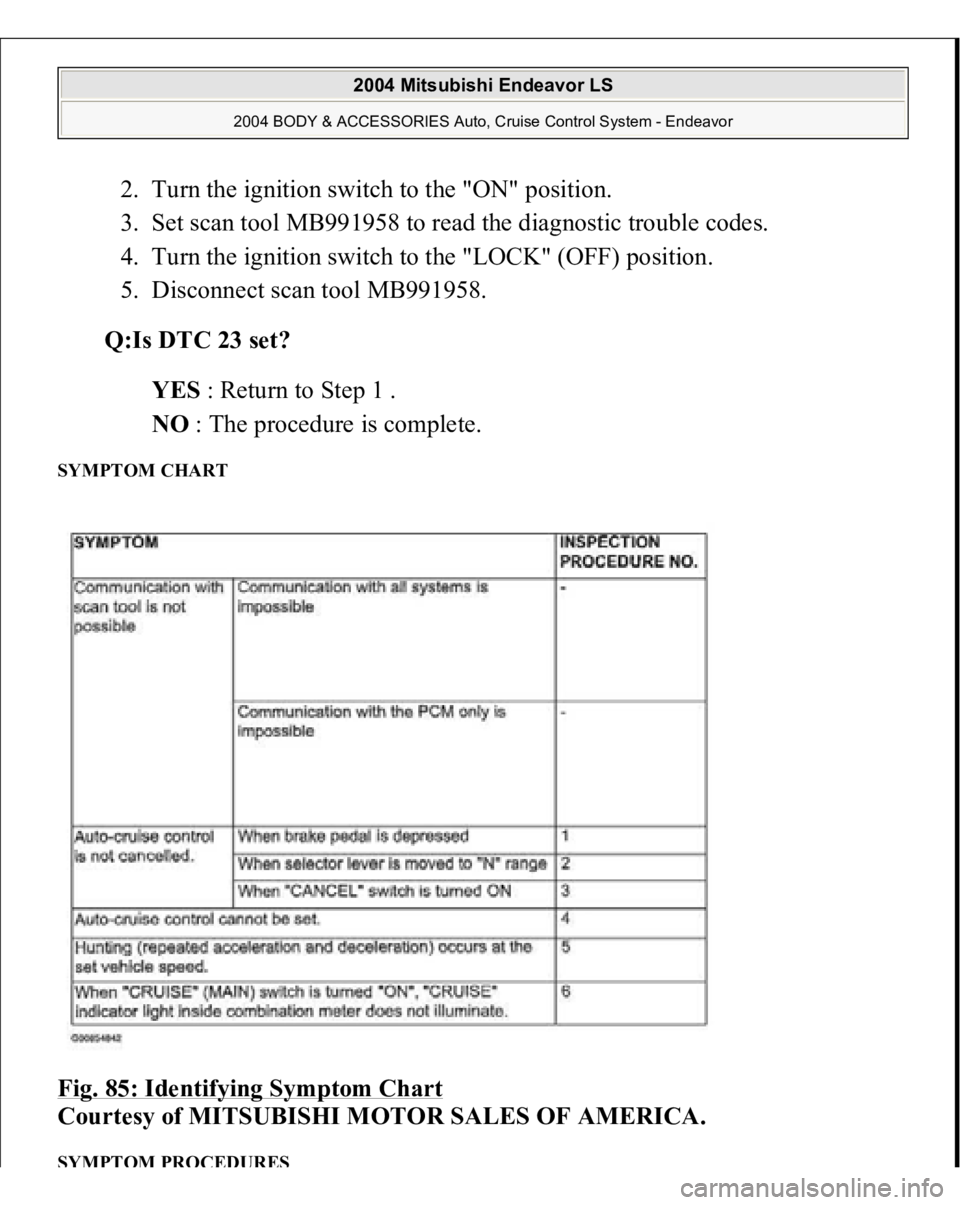 MITSUBISHI ENDEAVOR 2004  Service Repair Manual 2. Turn the ignition switch to the "ON" position.  
3. Set scan tool MB991958 to read the diagnostic trouble codes.  
4. Turn the ignition switch to the "LOCK" (OFF) position.  
5. Dis