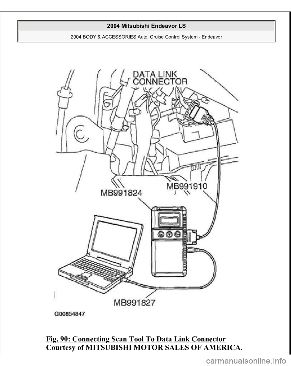 MITSUBISHI ENDEAVOR 2004  Service Repair Manual Fig. 90: Connecting Scan Tool To Data Link Connector
 
Courtesy of MITSUBISHI MOTOR SALES OF AMERICA.
 
2004 Mitsubishi Endeavor LS 
2004 BODY & ACCESSORIES Auto, Cruise Control System - Endeavor
   