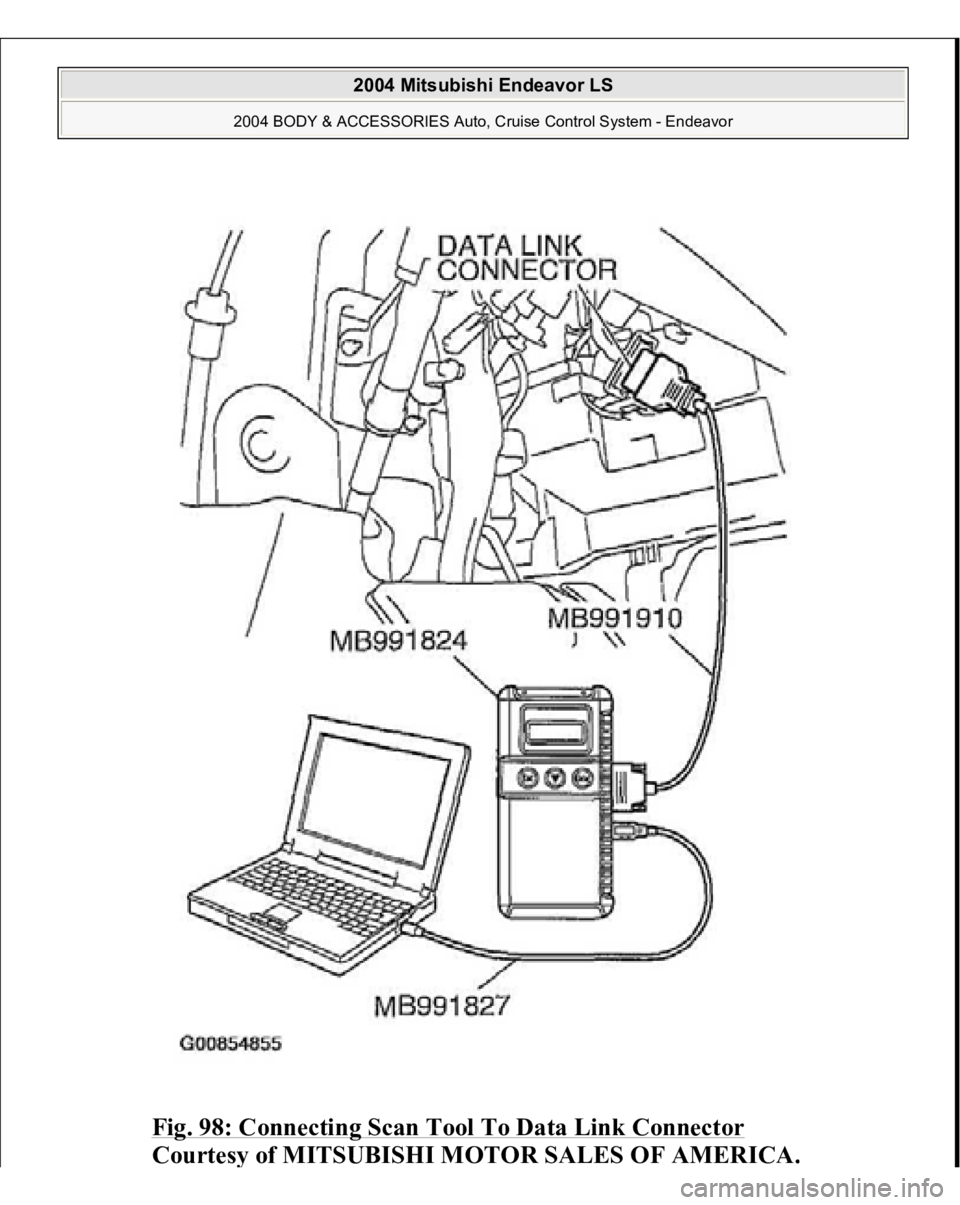 MITSUBISHI ENDEAVOR 2004  Service Repair Manual Fig. 98: Connecting Scan Tool To Data Link Connector
 
Courtes
y of MITSUBISHI MOTOR SALES OF AMERICA
.
 
2004 Mitsubishi Endeavor LS 
2004 BODY & ACCESSORIES Auto, Cruise Control System - Endeavor
  
