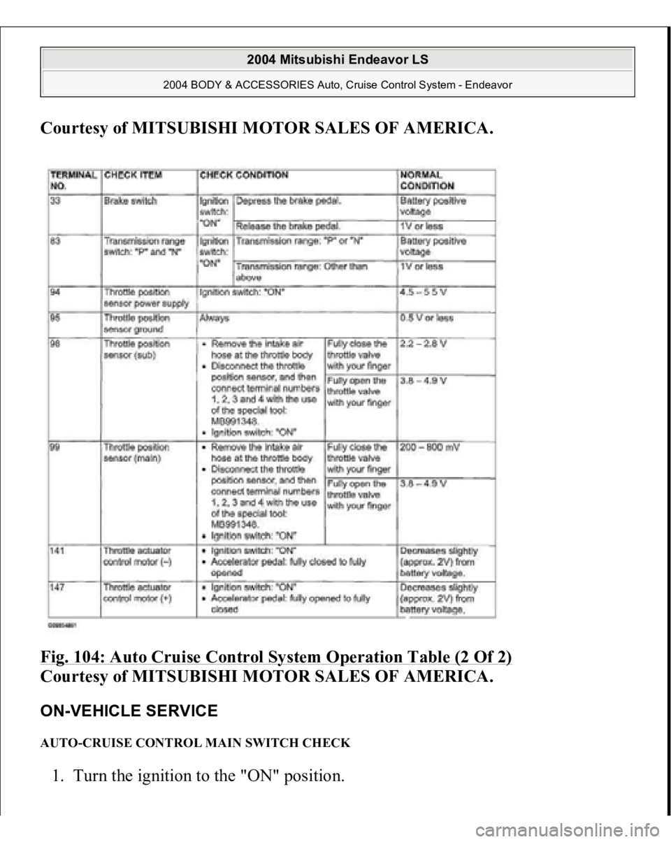 MITSUBISHI ENDEAVOR 2004  Service Repair Manual Courtesy of MITSUBISHI MOTOR SALES OF AMERICA
. 
Fig. 104: Auto Cruise Control System Operation Table (2 Of 2)
 
Courtesy of MITSUBISHI MOTOR SALES OF AMERICA. 
ON-VEHICLE SERVICE AUTO-CRUISE CONTROL 