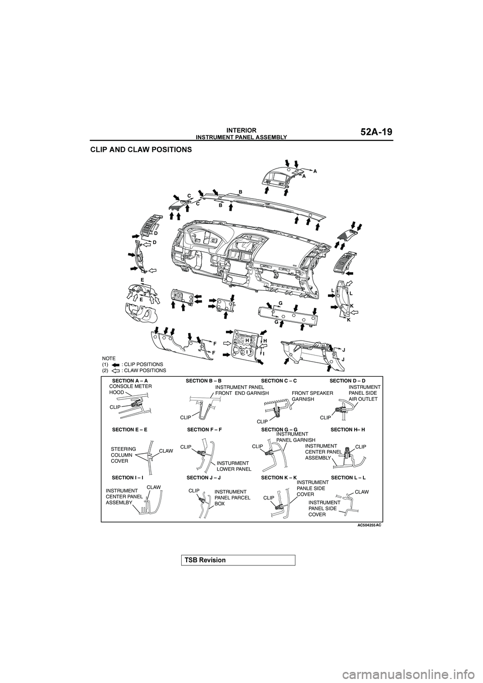 MITSUBISHI GALANT 2004  Workshop Manual 


#$%&%(


	!

	

	
AC504255AC
NOTE
(1)          : CLIP POSITIONS
(2)          : CLAW POSITIONS
SECTION A – A
SECTION E – E SECTION F – 