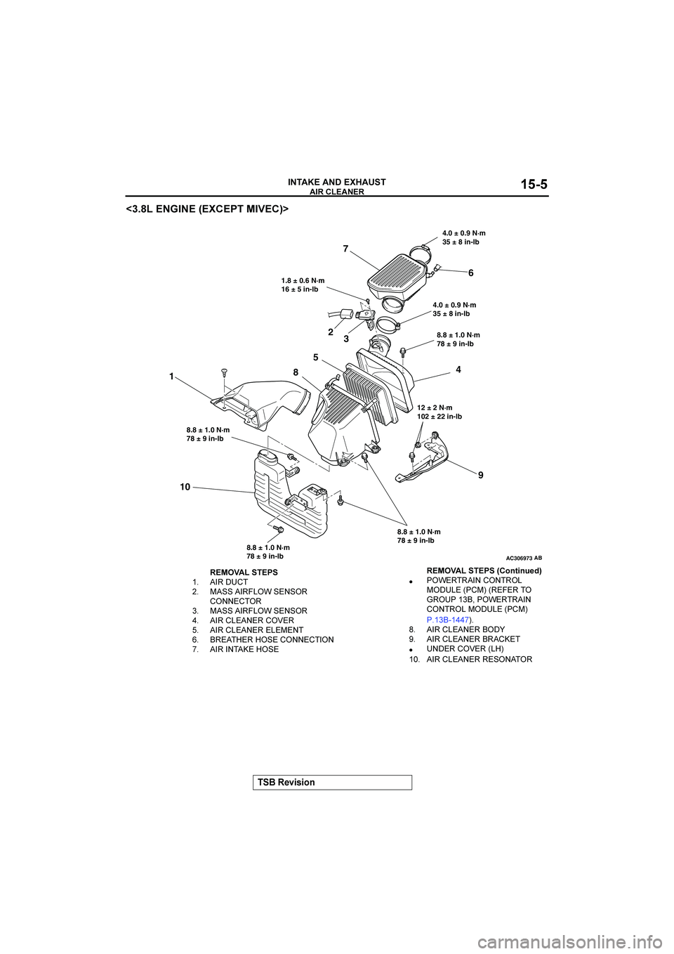MITSUBISHI GALANT 2004  Workshop Manual 


 
!"#$#%&





@

	
?A
AC306973
13
4 2
86 7
109
4.0 ± 0.9 N·m
35 ± 8 in-lb
4.0 ± 0.9 N·m
35 ± 8 in-lb 1.8 ± 0.6 N·m
16 ± 5 in-lb
8.8 ± 1