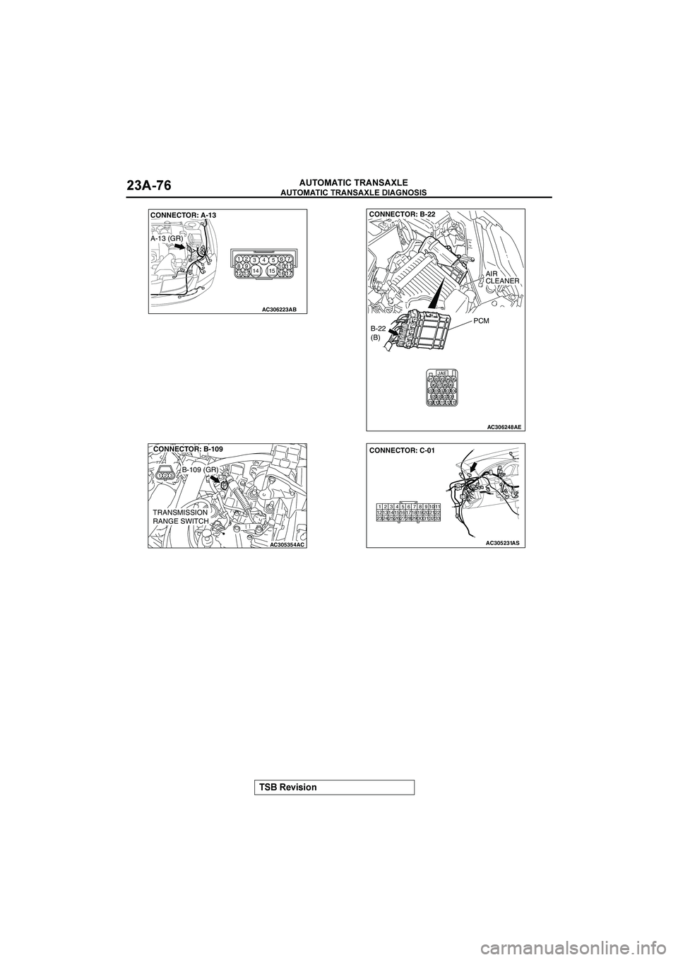 MITSUBISHI GALANT 2004  Workshop Manual 

	

	

$&()(*+


	

1
AC306223
A-13 (GR)
AB
CONNECTOR: A-13
1
47
82
35
1314
17 15
12 1611 10 96
AC306248AE
B-22 
(B)
CONNECTOR: B-22
PCM
AIR
CLEANER
JAE9