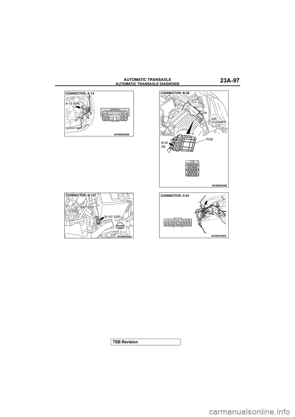 MITSUBISHI GALANT 2004  Workshop Manual 

	

	

$&()(*+


	

 1
AC306223
A-13 (GR)
AB
CONNECTOR: A-13
1
47
82
35
1314
17 15
12 1611 10 96
AC306248AE
B-22 
(B)
CONNECTOR: B-22
PCM
AIR
CLEANER
JAE9