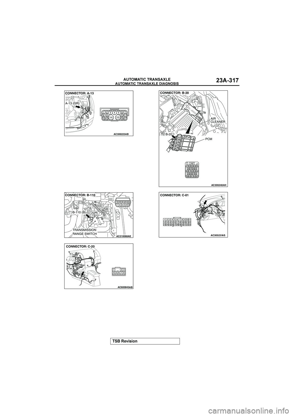 MITSUBISHI GALANT 2004  Workshop Manual 

	

	

$&()(*+


	

1
AC306223
A-13 (GR)
AB
CONNECTOR: A-13
1
47
82
35
1314
17 15
12 1611 10 96
AC306248AH
CONNECTOR: B-20
PCM
AIR
CLEANER
JAE
4137 3240