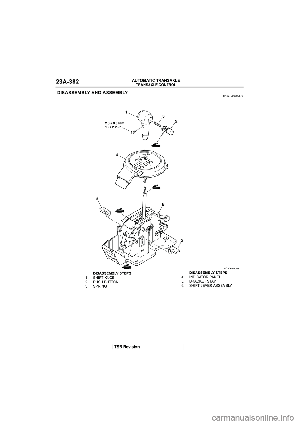 MITSUBISHI GALANT 2004  Workshop Manual 
	
	

$&()(*+


	

!
$$�	
	
AC305576
2 3
4
1
5
5
6
2.0 ± 0.3 N·m
18 ± 2 in-lb
AB
$

	
 

		
