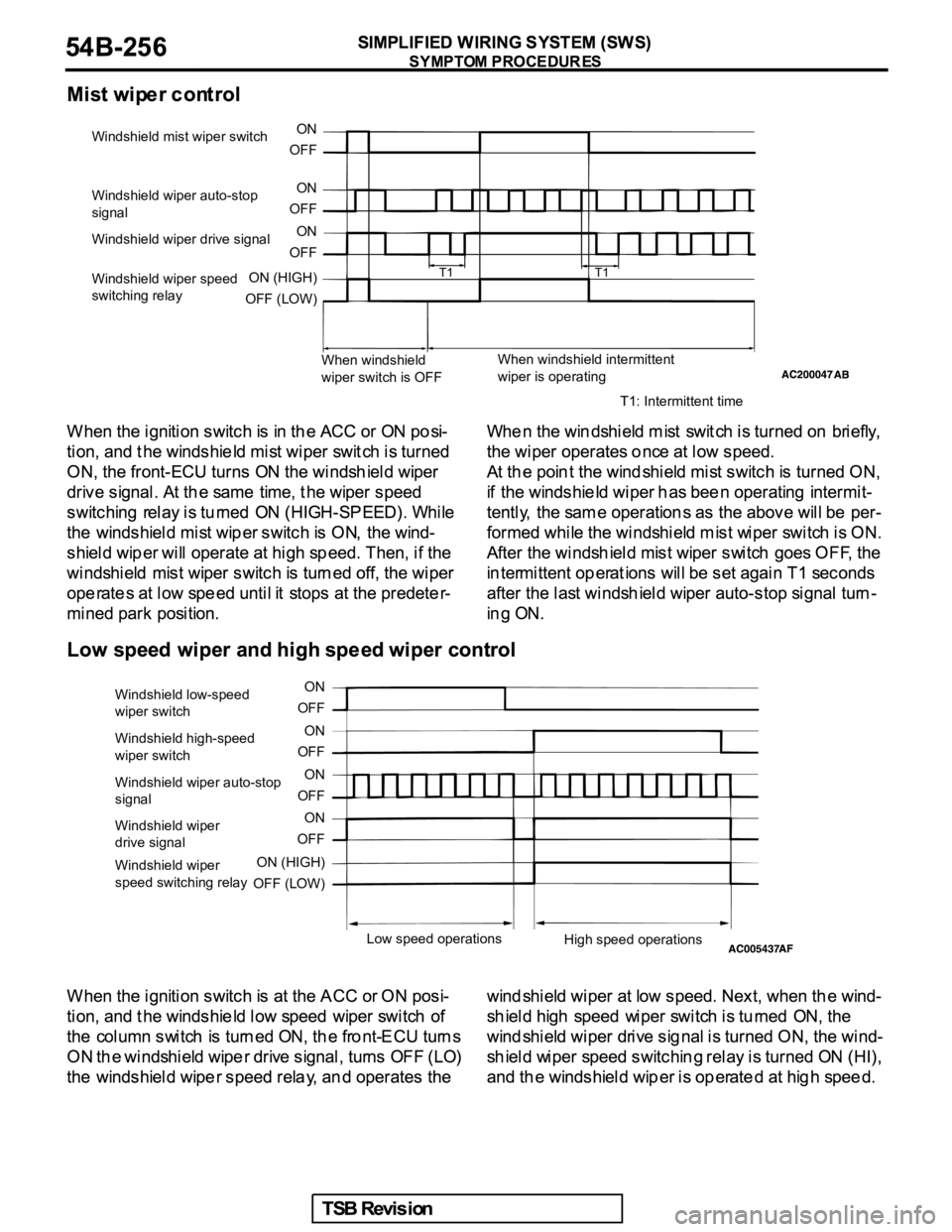 MITSUBISHI GALANT 2005 Service Repair Manual ON
OFF
ON
OFF
ON
OFF
ON (HIGH) Windshield mist wiper switch
Windshield wiper auto-stop
signal
Windshield wiper drive signal
Windshield wiper speed
switching relay
OFF (LOW)
When windshield
wiper sw MITSUBISHI GALANT 2005 Service Repair Manual ON
OFF
ON
OFF
ON
OFF
ON (HIGH) Windshield mist wiper switch
Windshield wiper auto-stop
signal
Windshield wiper drive signal
Windshield wiper speed
switching relay
OFF (LOW)
When windshield
wiper sw