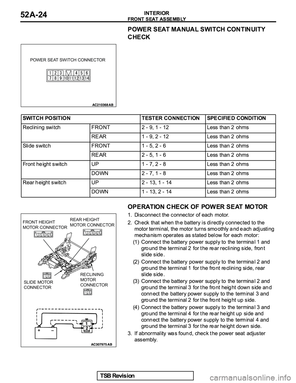 MITSUBISHI GALANT 2005 Service Repair Manual POWER SEAT SWITCH CONNECTOR
RECLINING
MOTOR
CONNECTOR SLIDE MOTOR
CONNECTOR FRONT HEIGHT
MOTOR CONNECTORREAR HEIGHT
MOTOR CONNECTOR MITSUBISHI GALANT 2005 Service Repair Manual POWER SEAT SWITCH CONNECTOR
RECLINING
MOTOR
CONNECTOR SLIDE MOTOR
CONNECTOR FRONT HEIGHT
MOTOR CONNECTORREAR HEIGHT
MOTOR CONNECTOR
