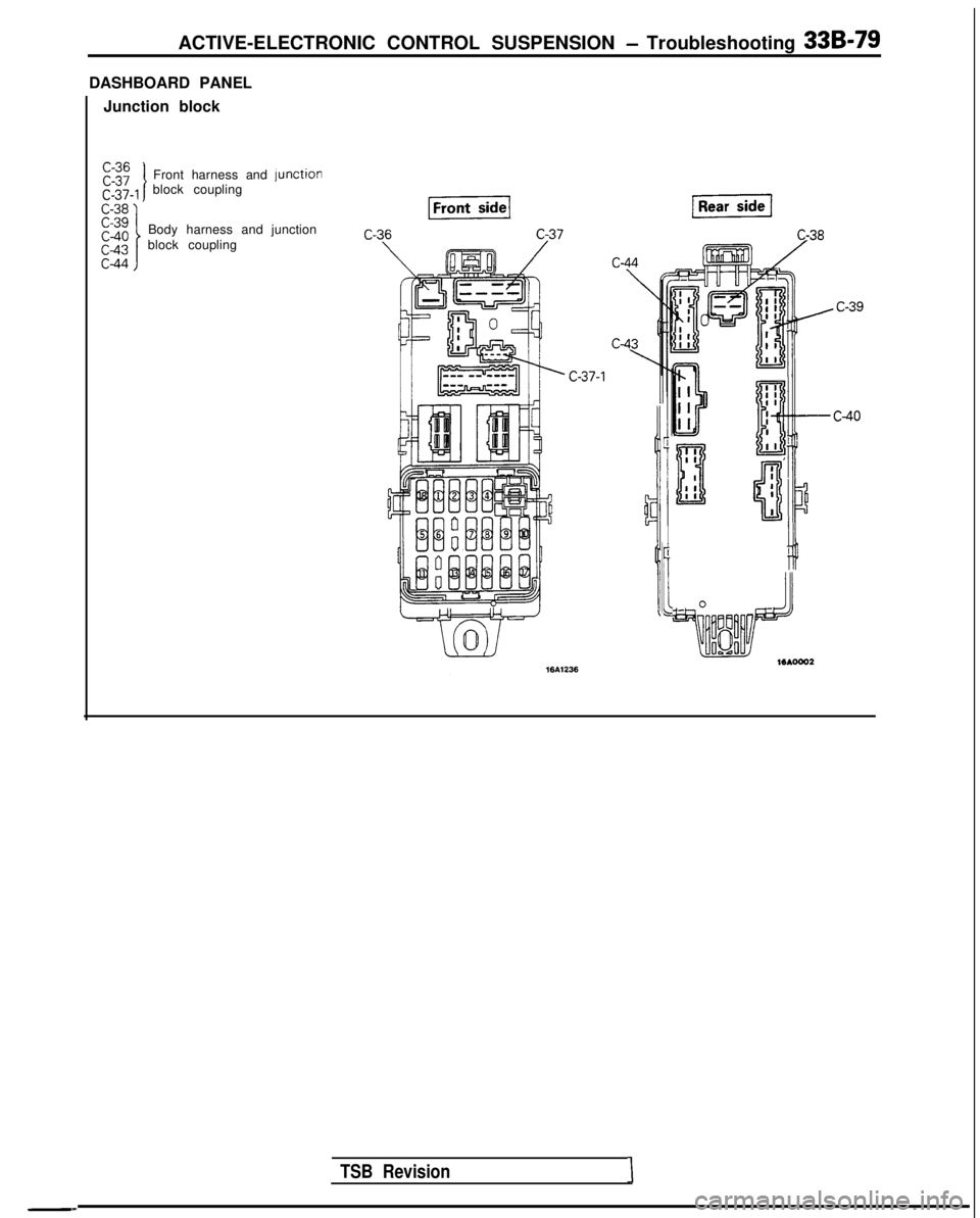 MITSUBISHI GALANT 1989  Service Repair Manual ACTIVE-ELECTRONIC CONTROL SUSPENSION - Troubleshooting 33B-79
DASHBOARD PANEL
Junction block
C-36 c-37
Front harness and junction
c-37-1block coupling
C-38c-39c-4oBody harness and junction c-43
block 
