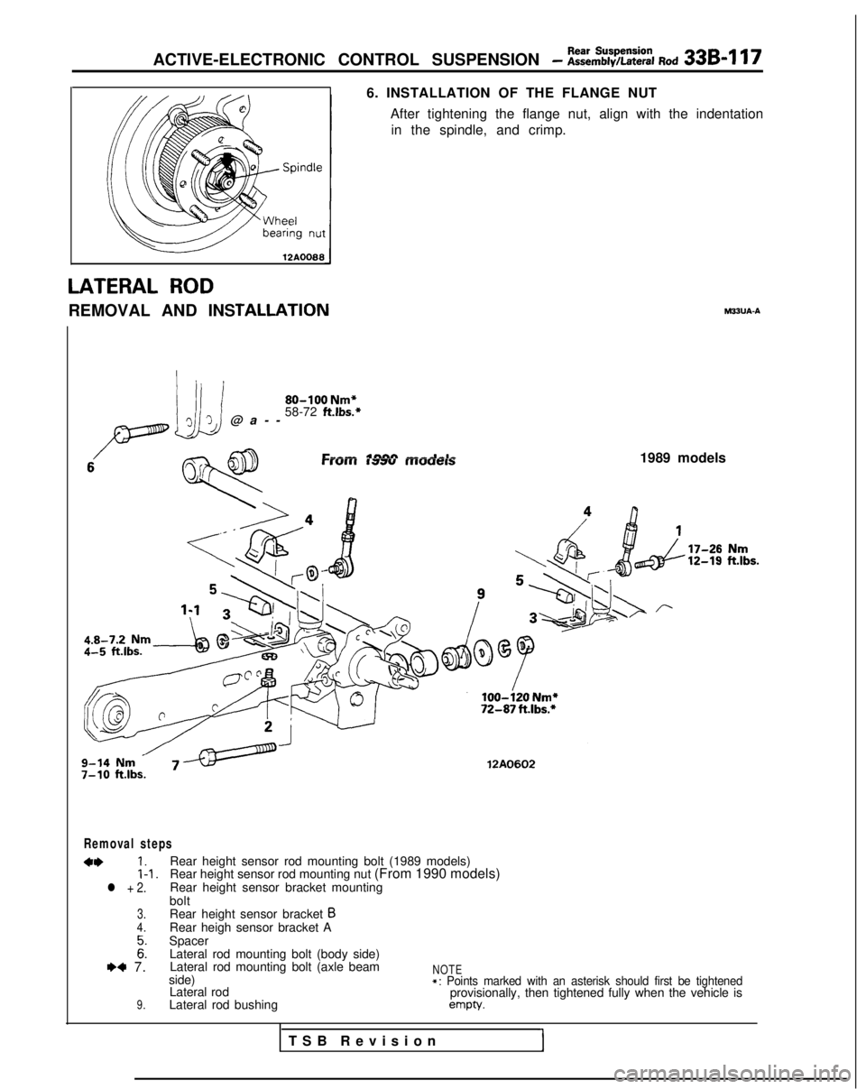 MITSUBISHI GALANT 1989 Service Repair Manual ACTIVE-ELECTRONIC CONTROL SUSPENSION - ii%%;%% god 336417
12AOO88
LATERAL ROD
REMOVAL AND INS
TALLATION
i
80-100
Nm*
‘3J@a-
-
58-72 ft.lbs.*
6. INSTALLATION OF THE FLANGE NUT
After tightening the MITSUBISHI GALANT 1989 Service Repair Manual ACTIVE-ELECTRONIC CONTROL SUSPENSION - ii%%;%% god 336417
12AOO88
LATERAL ROD
REMOVAL AND INS
TALLATION
i
80-100
Nm*
‘3J@a-
-
58-72 ft.lbs.*
6. INSTALLATION OF THE FLANGE NUT
After tightening the