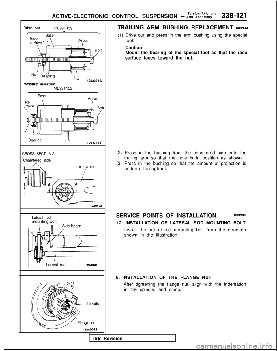 MITSUBISHI GALANT 1989 Service Repair Manual Torsion Axle andACTIVE-ELECTRONIC CONTROL SUSPENSION - Arm Assembly33B-121
hive outMB991 159ABase
cRacy , )*surface, n Arfor ’
Nut Bearing‘- I
I
u 12LO246‘ressure insertionMB991 159
Base
\Arbora MITSUBISHI GALANT 1989 Service Repair Manual Torsion Axle andACTIVE-ELECTRONIC CONTROL SUSPENSION - Arm Assembly33B-121
hive outMB991 159ABase
cRacy , )*surface, n Arfor ’
Nut Bearing‘- I
I
u 12LO246‘ressure insertionMB991 159
Base
\Arbora