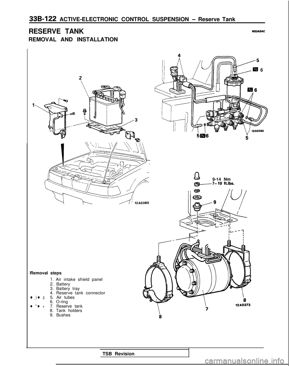 MITSUBISHI GALANT 1989 Service Repair Manual 33B-122 ACTIVE-ELECTRONIC CONTROL SUSPENSION - Reserve Tank
RESERVE TANK
REMOVAL AND INSTALLATION
M33ASAC
Removal steps
I, Air intake shield panel
2. Battery
3. Battery tray
4. Reserve tank connector
MITSUBISHI GALANT 1989 Service Repair Manual 33B-122 ACTIVE-ELECTRONIC CONTROL SUSPENSION - Reserve Tank
RESERVE TANK
REMOVAL AND INSTALLATION
M33ASAC
Removal steps
I, Air intake shield panel
2. Battery
3. Battery tray
4. Reserve tank connector