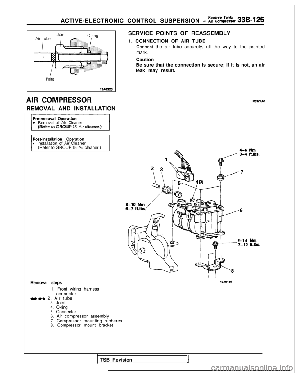 MITSUBISHI GALANT 1989 Service Repair Manual ACTIVE-ELECTRONIC CONTROL SUSPENSION - ~~~,:B,:w,r 336-125
Paint
12Ao323
AIR COMPRESSOR
REMOVAL AND INSTALLATION
31(Refer to GROUP ISAir cleaner.)
Post-installation Operationl Installation of Air Clea MITSUBISHI GALANT 1989 Service Repair Manual ACTIVE-ELECTRONIC CONTROL SUSPENSION - ~~~,:B,:w,r 336-125
Paint
12Ao323
AIR COMPRESSOR
REMOVAL AND INSTALLATION
31(Refer to GROUP ISAir cleaner.)
Post-installation Operationl Installation of Air Clea