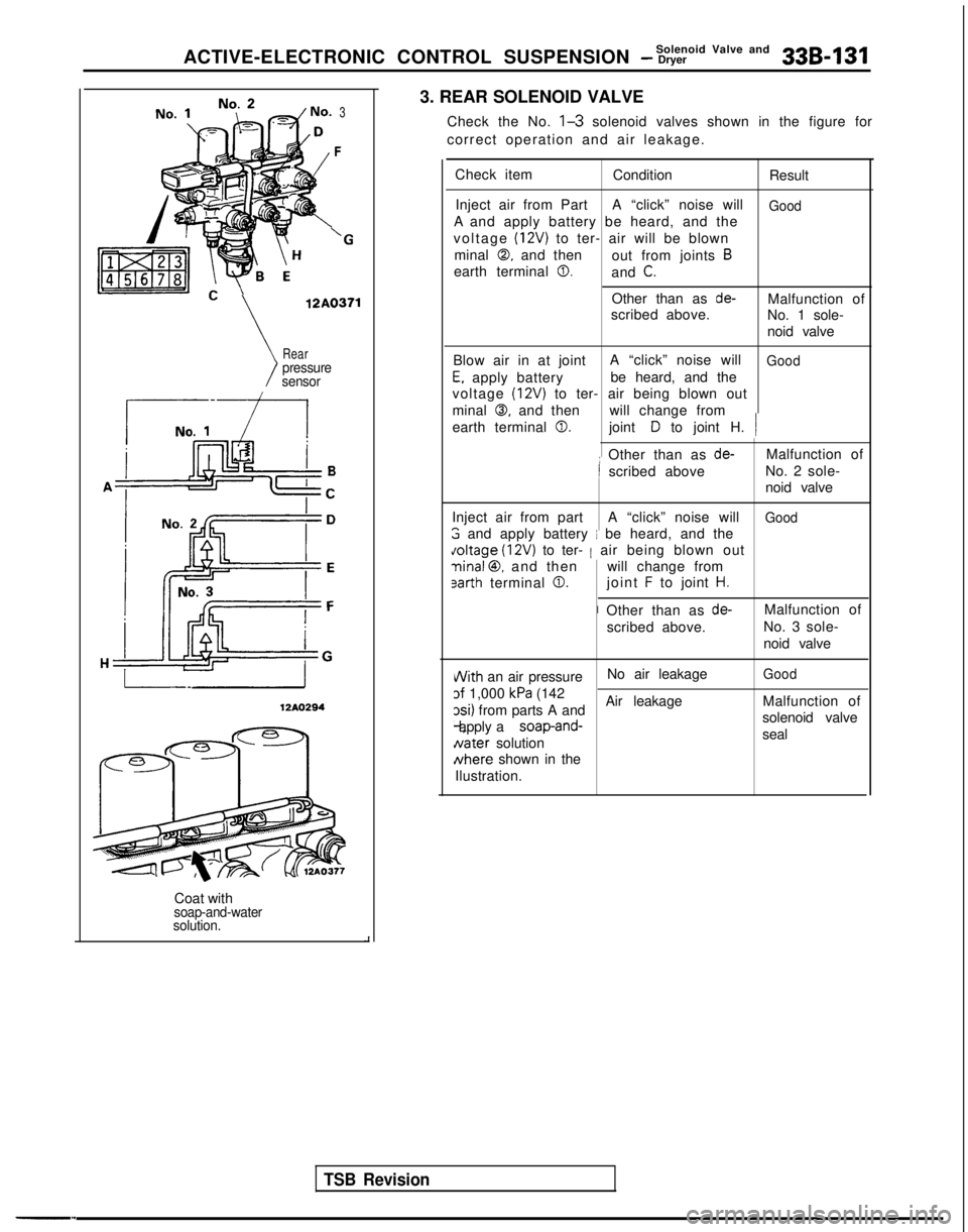 MITSUBISHI GALANT 1989 Service Repair Manual Solenoid Valve and
ACTIVE-ELECTRONIC CONTROL SUSPENSION - Dryer33B-131
3
F
‘G
\
12A0371
>
Rearpressure
sensor
l------i-l
12AO294
TSB Revision
-n
Coat withsoap-and-water
solution.
3. REAR SOLENOID VA MITSUBISHI GALANT 1989 Service Repair Manual Solenoid Valve and
ACTIVE-ELECTRONIC CONTROL SUSPENSION - Dryer33B-131
3
F
‘G
\
12A0371
>
Rearpressure
sensor
l------i-l
12AO294
TSB Revision
-n
Coat withsoap-and-water
solution.
3. REAR SOLENOID VA