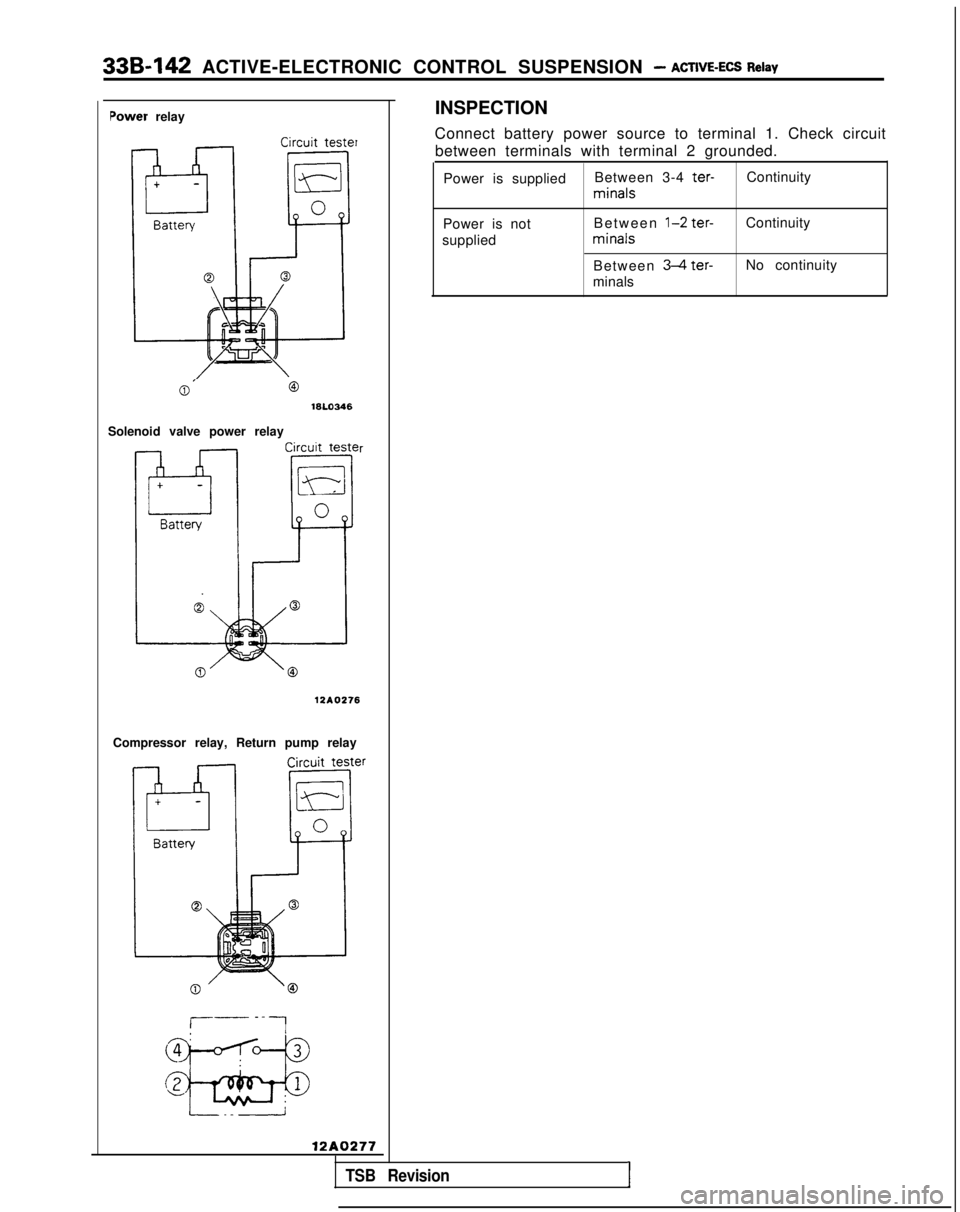 MITSUBISHI GALANT 1989 Service Repair Manual 33B-142 ACTIVE-ELECTRONIC CONTROL SUSPENSION - ACTIVE-ECS Relay
Power relay
Circuit tester
INSPECTION
Connect battery power source to terminal 1. Check circuit between terminals with terminal 2 ground MITSUBISHI GALANT 1989 Service Repair Manual 33B-142 ACTIVE-ELECTRONIC CONTROL SUSPENSION - ACTIVE-ECS Relay
Power relay
Circuit tester
INSPECTION
Connect battery power source to terminal 1. Check circuit between terminals with terminal 2 ground