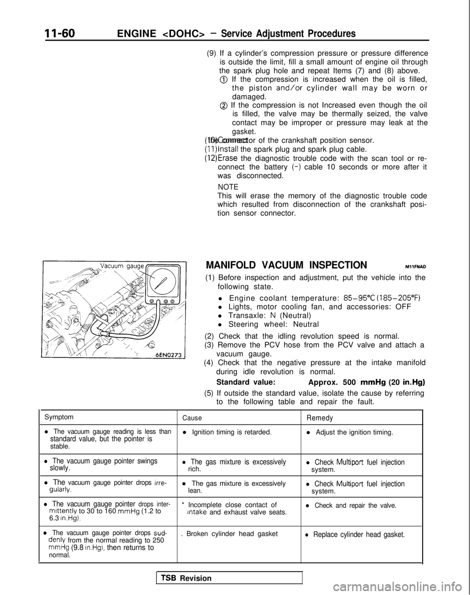 MITSUBISHI GALANT 1989  Service Repair Manual II-60ENGINE <DOHC> -Service Adjustment Procedures
(9) If a cylinder’s compression pressure or pressure differenceis outside the limit, fill a small amount of engine oil through
the spark plug hole a