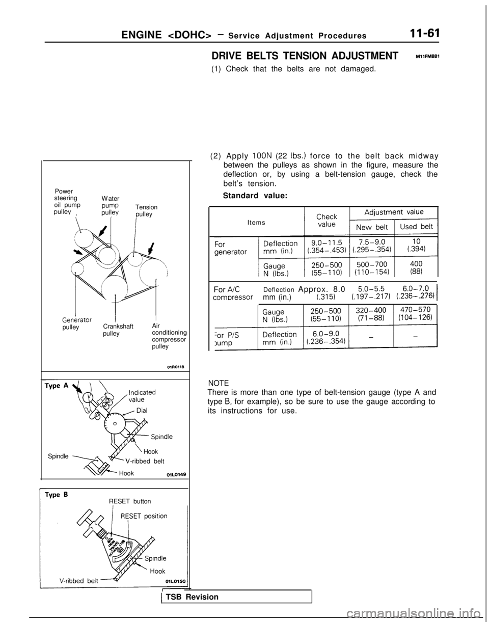 MITSUBISHI GALANT 1989  Service Repair Manual ENGINE <DOHC>- Service Adjustment Procedures11-61
DRIVE BELTS TENSION ADJUSTMENT
MllFMBBl
(1) Check that the belts are not damaged.
Power
steering
oil pump
pulley , W
 ater
pump
pulley
Tension
pulley
