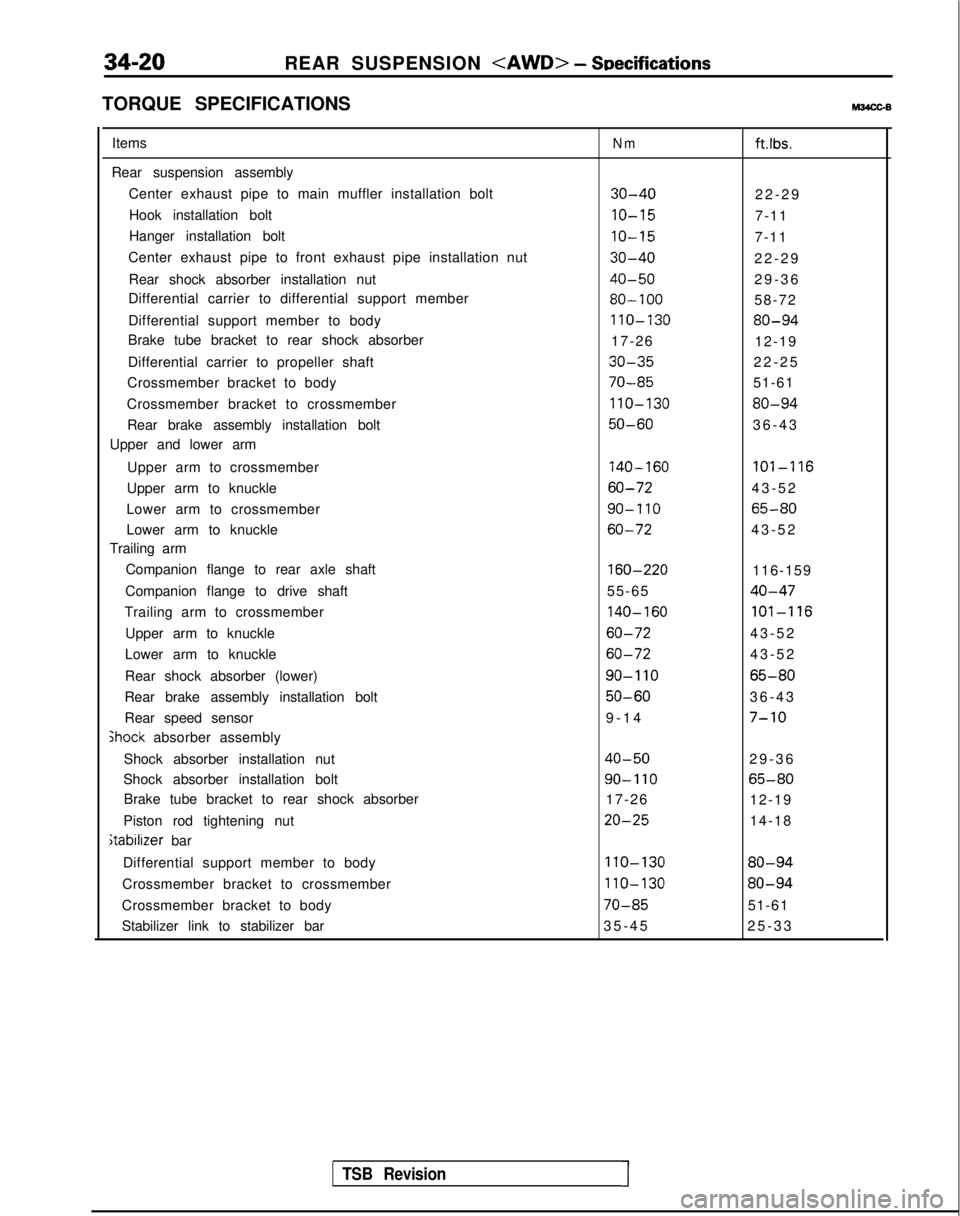 MITSUBISHI GALANT 1989 Service Repair Manual 34-20
REAR SUSPENSION <AWD> - SDecifications
TORQUE SPECIFICATIONSM34cGB
Items
Rear suspension assembly Center exhaust pipe to main muffler installation boltHook installation bolt
Hanger installation MITSUBISHI GALANT 1989 Service Repair Manual 34-20
REAR SUSPENSION <AWD> - SDecifications
TORQUE SPECIFICATIONSM34cGB
Items
Rear suspension assembly Center exhaust pipe to main muffler installation boltHook installation bolt
Hanger installation
