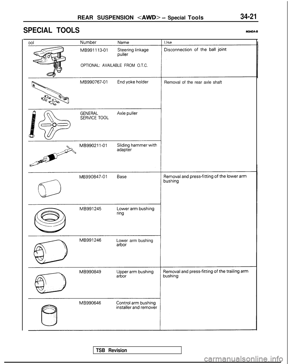 MITSUBISHI GALANT 1989 Service Repair Manual REAR SUSPENSION <AWD> - Special Tools34-21
SPECIAL TOOLS
M34DA-B
nnl
NameI II‘S
MB991 113-01
OPTIONAL: AVAILABLE FROM O.T.C.
Removal of the rear axle shaft MB99021 l-01
MB990847-01
Lower armbushing MITSUBISHI GALANT 1989 Service Repair Manual REAR SUSPENSION <AWD> - Special Tools34-21
SPECIAL TOOLS
M34DA-B
nnl
NameI II‘S
MB991 113-01
OPTIONAL: AVAILABLE FROM O.T.C.
Removal of the rear axle shaft MB99021 l-01
MB990847-01
Lower armbushing