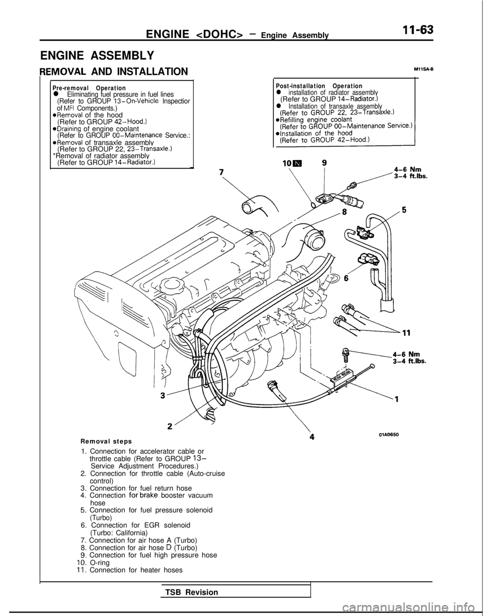 MITSUBISHI GALANT 1989  Service Repair Manual ENGINE <DOHC> - Engine Assembly 11-63
ENGINE ASSEMBLY
IEMOVAL AND INSTALLATION
Pre-removal Operationl Eliminating fuel pressure in fuel lines
(Refer to GROUP 13-On-Vehicle  lnspectior
of MFI Component