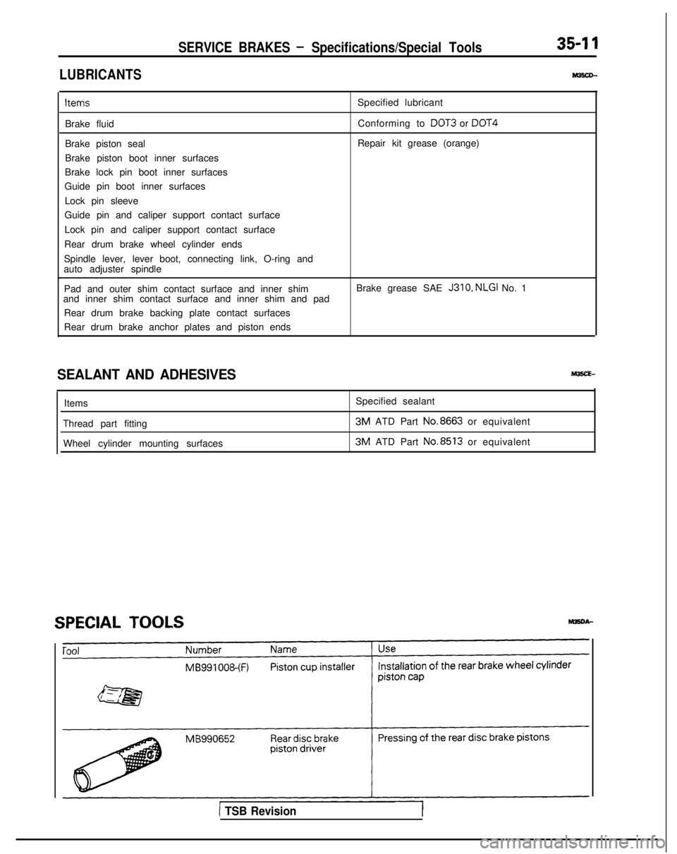 MITSUBISHI GALANT 1989  Service Repair Manual SERVICE BRAKES - Specifications/Special Tools35-l 1
LUBRICANTS
Items
Brake fluid
Brake piston seal
Brake piston boot inner surfaces
Brake lock pin boot inner surfaces
Guide pin boot inner surfaces
Loc