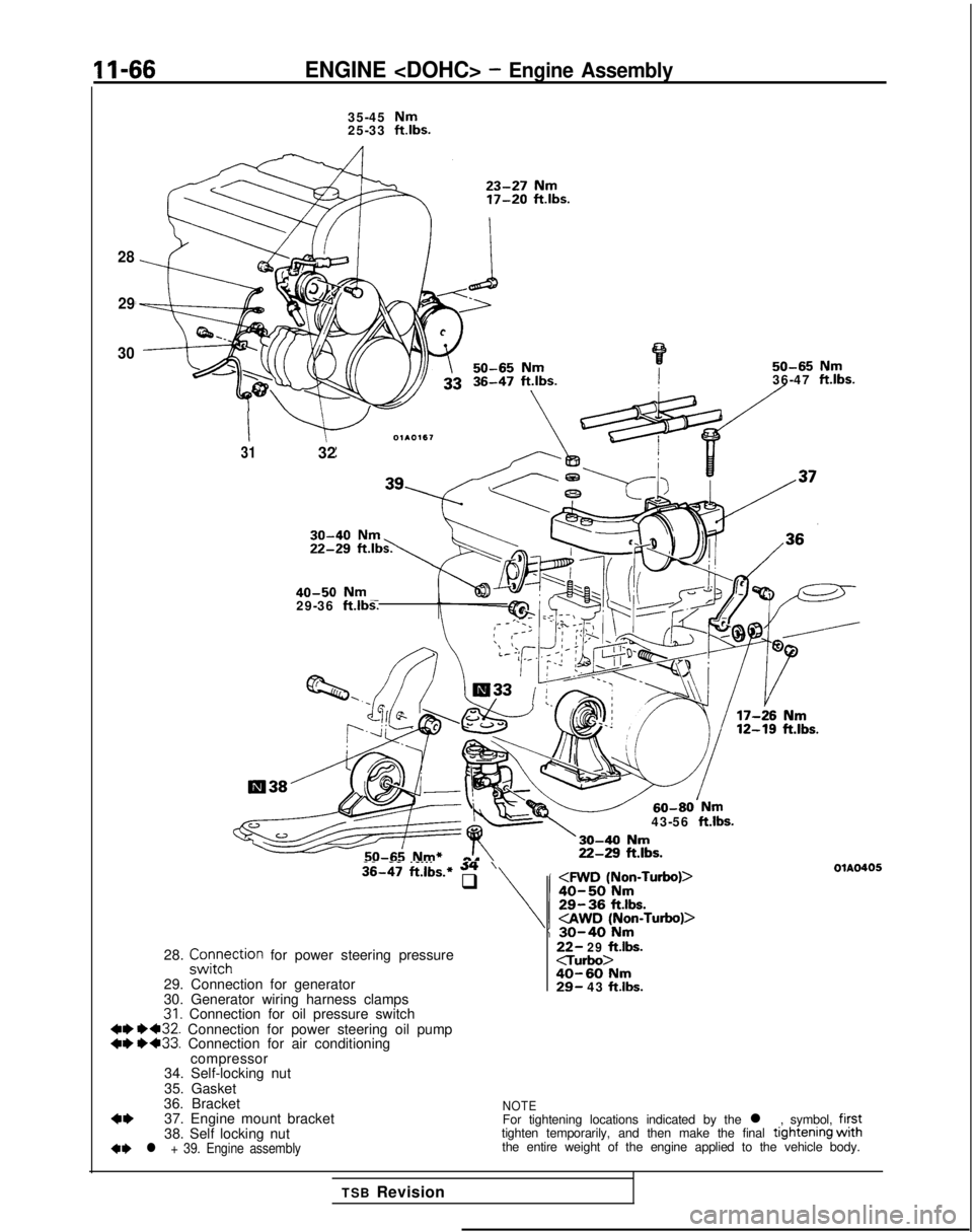 MITSUBISHI GALANT 1989  Service Repair Manual 11-66ENGINE <DOHC> - Engine Assembly
28
29
30
35-45 Nm25-33  ftlbs.
50-65 Nm36-47 ft.lbs.
I
3132
40-50
 
Nm29-36  ftlbs.
43-56 
ft.lbs.
-- .__.. 36-47
 ft.lbs.* 54’q
28. z;tFhction for power steerin